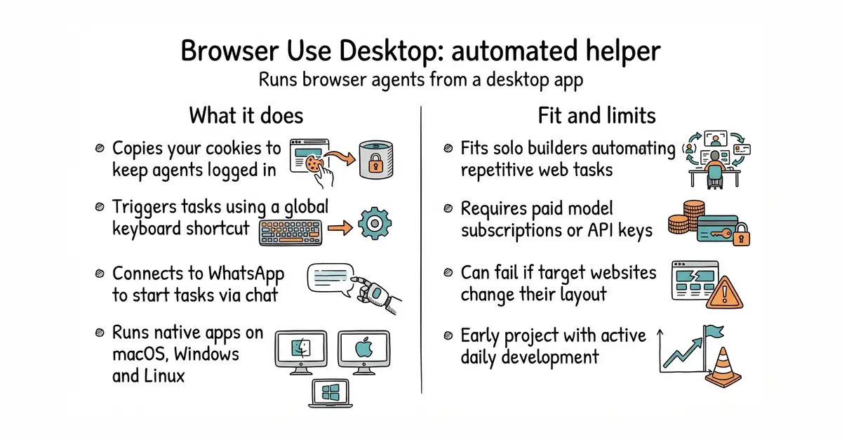 Browser Use Desktop: automated helper. Runs browser agents from a desktop app.