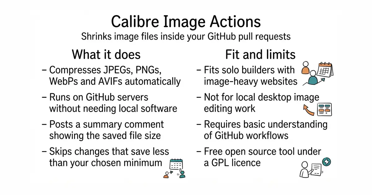 Calibre Image Actions. Shrinks image files inside your GitHub pull requests.