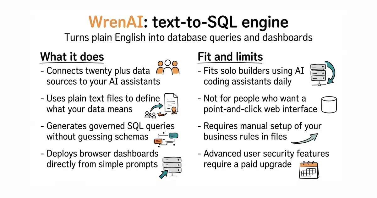 WrenAI: text-to-SQL engine. Turns plain English into database queries and dashboards.