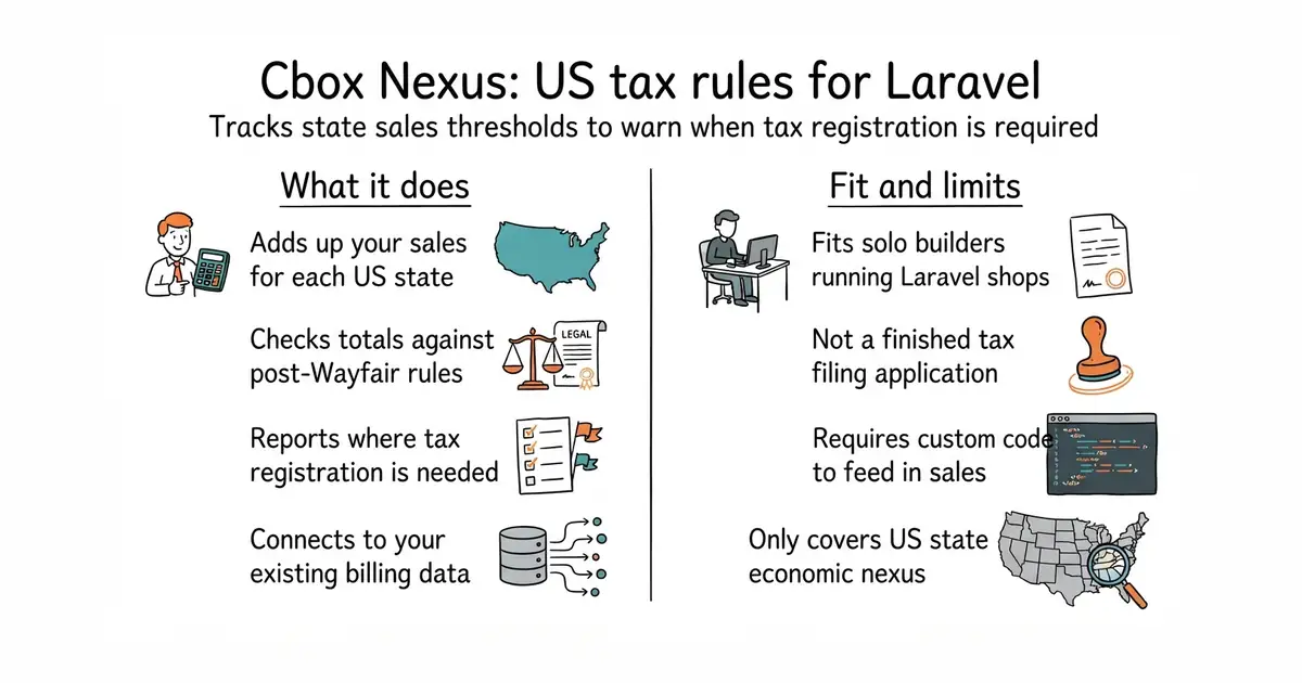 Cbox Nexus: US tax rules for Laravel. Tracks state sales thresholds to warn when tax registration is required.