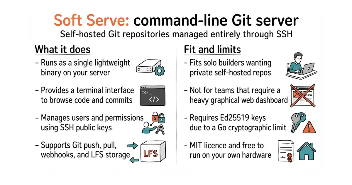 Soft Serve: command-line Git server. Self-hosted Git repositories managed entirely through SSH.