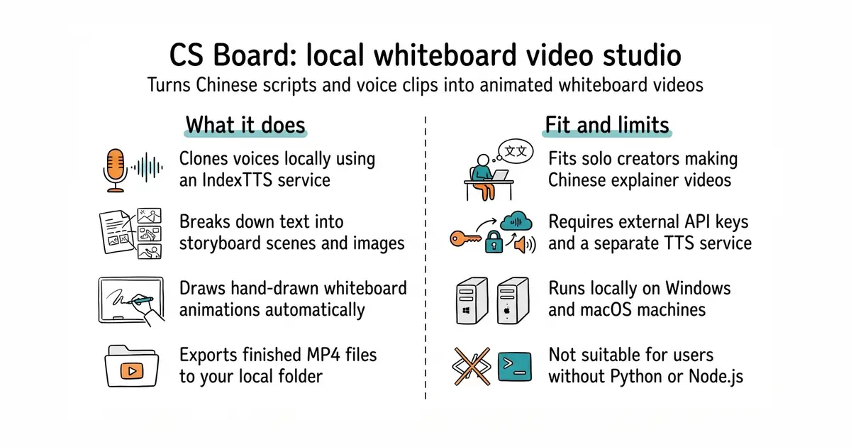 CS Board: local whiteboard video studio. Turns Chinese scripts and voice clips into animated whiteboard videos.