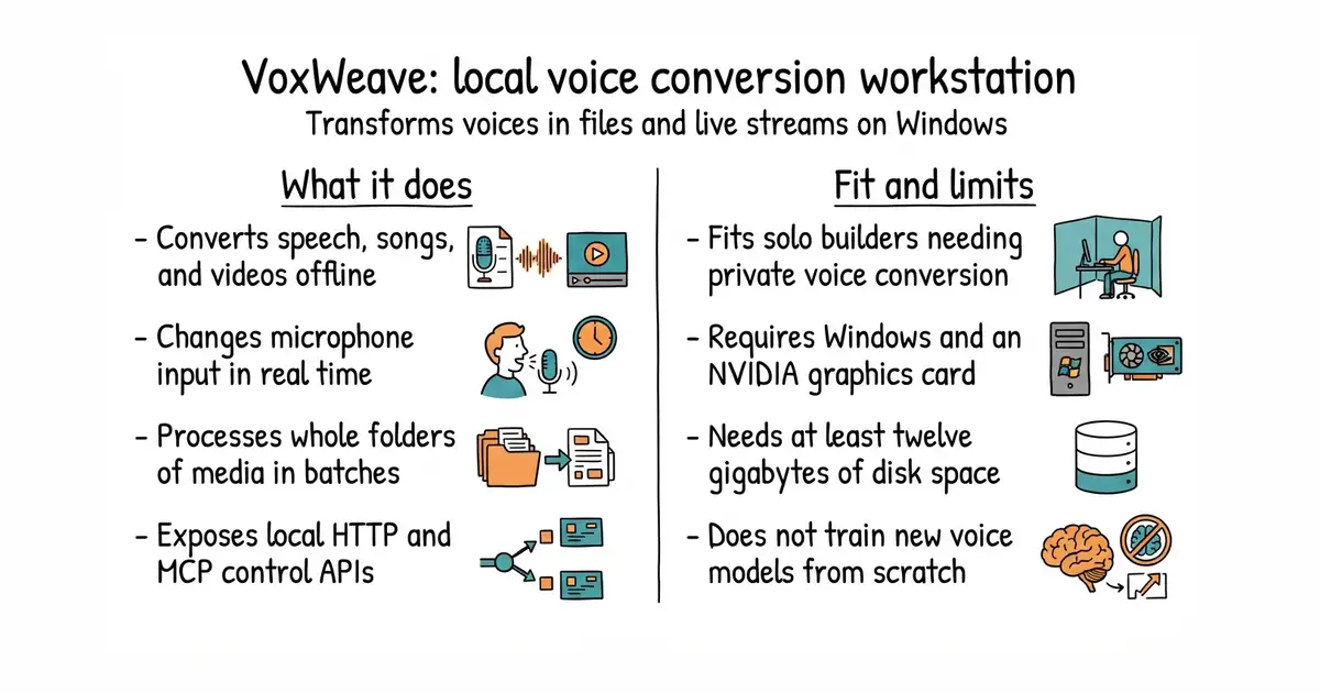VoxWeave: local voice conversion workstation. Transforms voices in files and live streams on Windows.