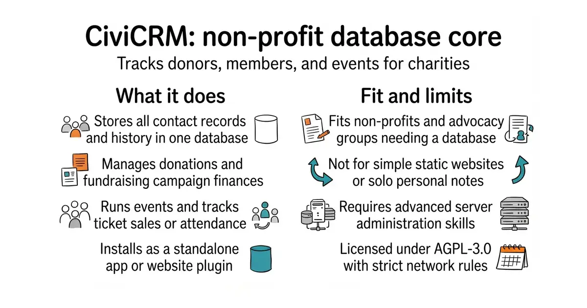 CiviCRM: non-profit database core. Tracks donors, members, and events for charities.