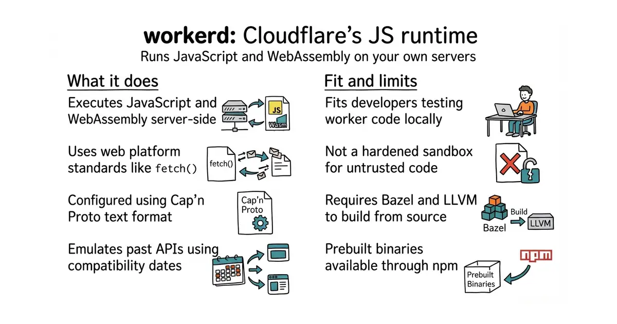workerd: Cloudflare's JS runtime. Runs JavaScript and WebAssembly on your own servers.