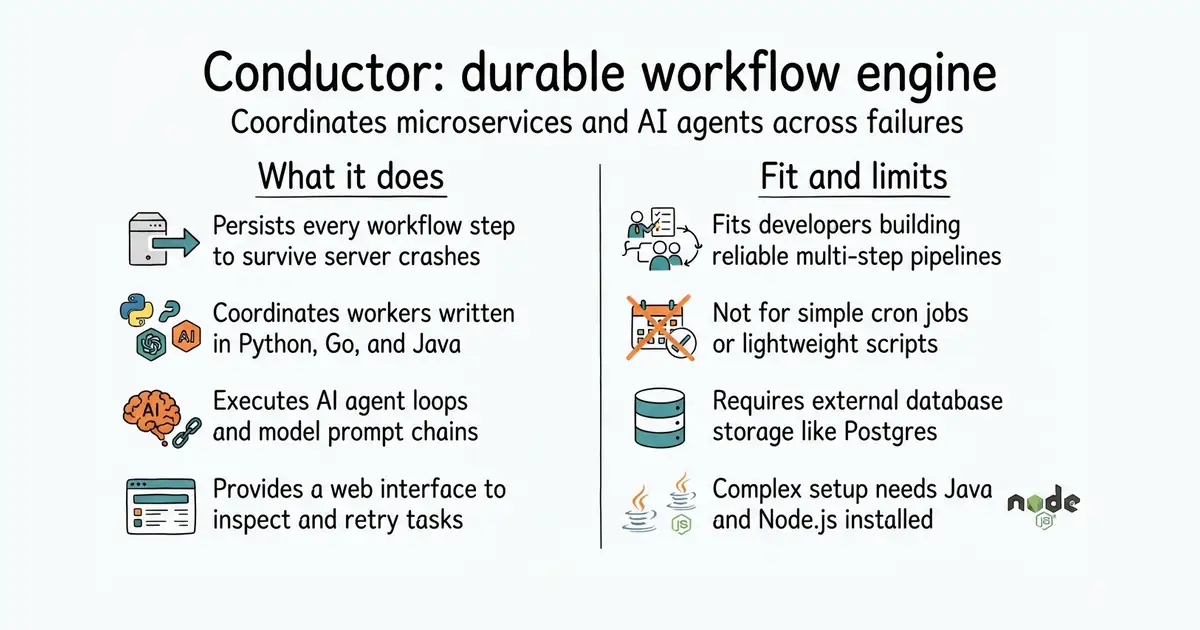 Conductor: durable workflow engine. Coordinates microservices and AI agents across failures.