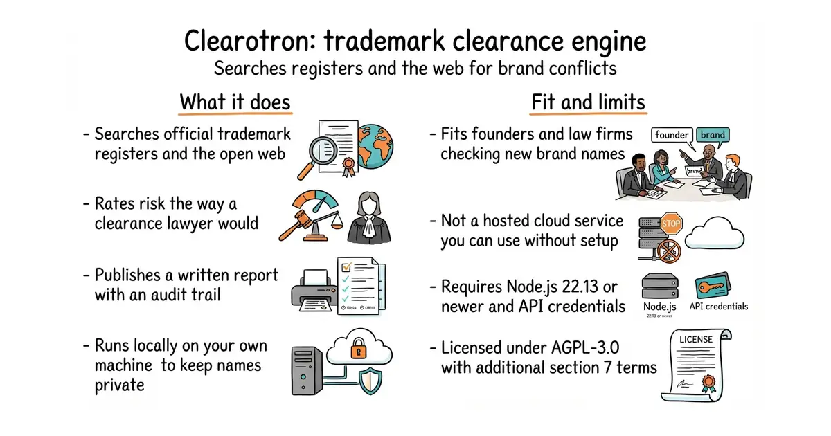 Clearotron: trademark clearance engine. Searches registers and the web for brand conflicts.