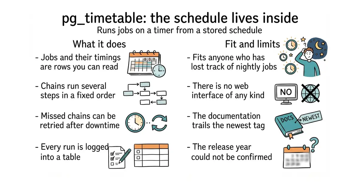 pg_timetable: the schedule lives inside. Runs jobs on a timer from a stored schedule.