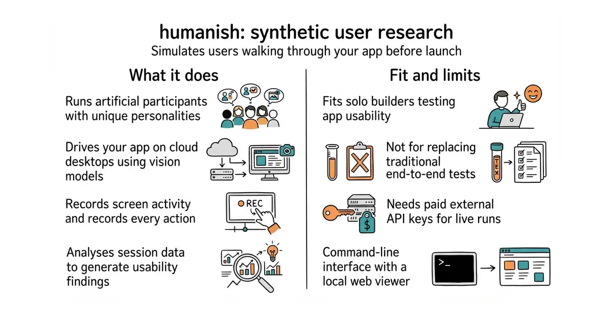humanish: synthetic user research. Simulates users walking through your app before launch.