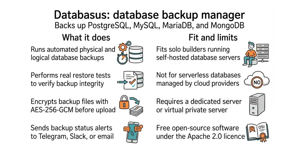 Databasus: database backup manager. Backs up PostgreSQL, MySQL, MariaDB, and MongoDB.