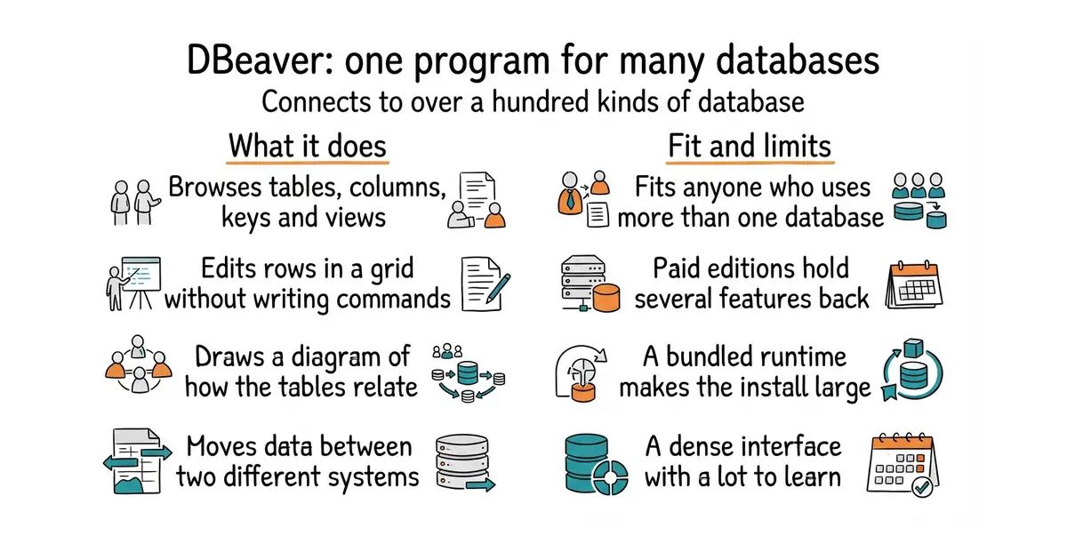 DBeaver: one program for many databases. Connects to over a hundred kinds of database.