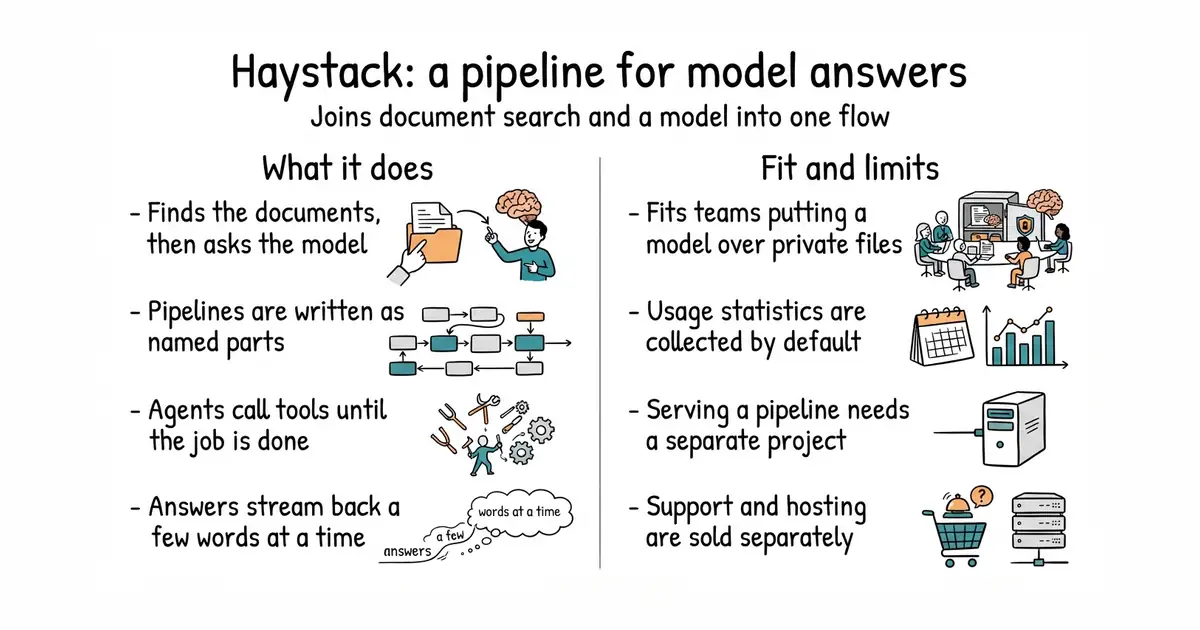 Haystack: a pipeline for model answers. Joins document search and a model into one flow.