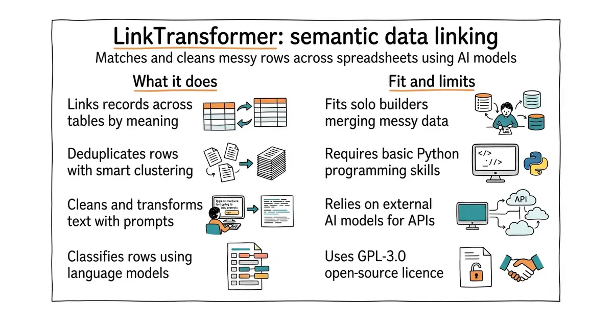 LinkTransformer: semantic data linking. Matches and cleans messy rows across spreadsheets using AI models.