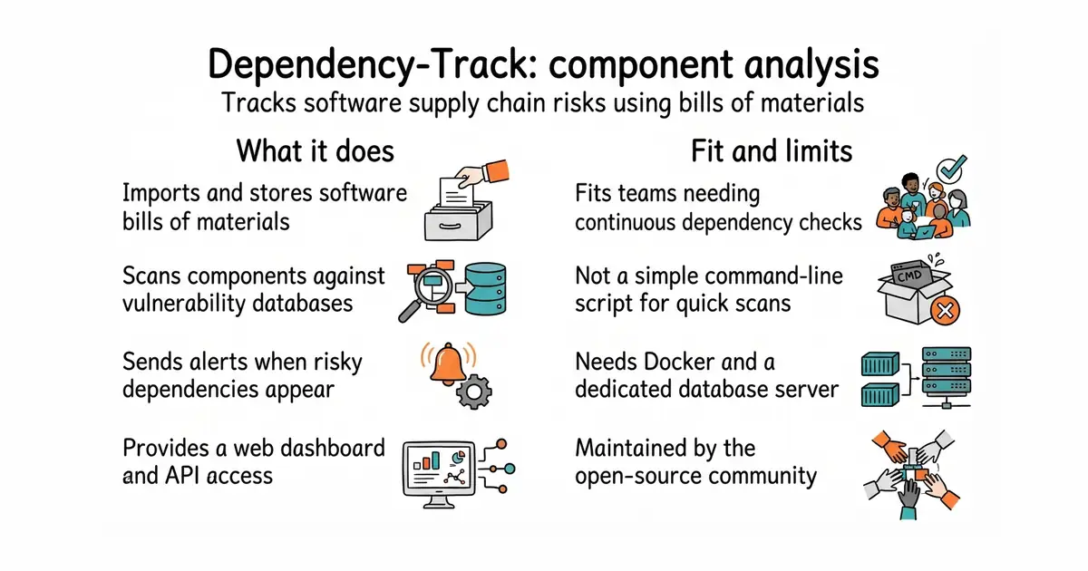 Dependency-Track: component analysis. Tracks software supply chain risks using bills of materials.