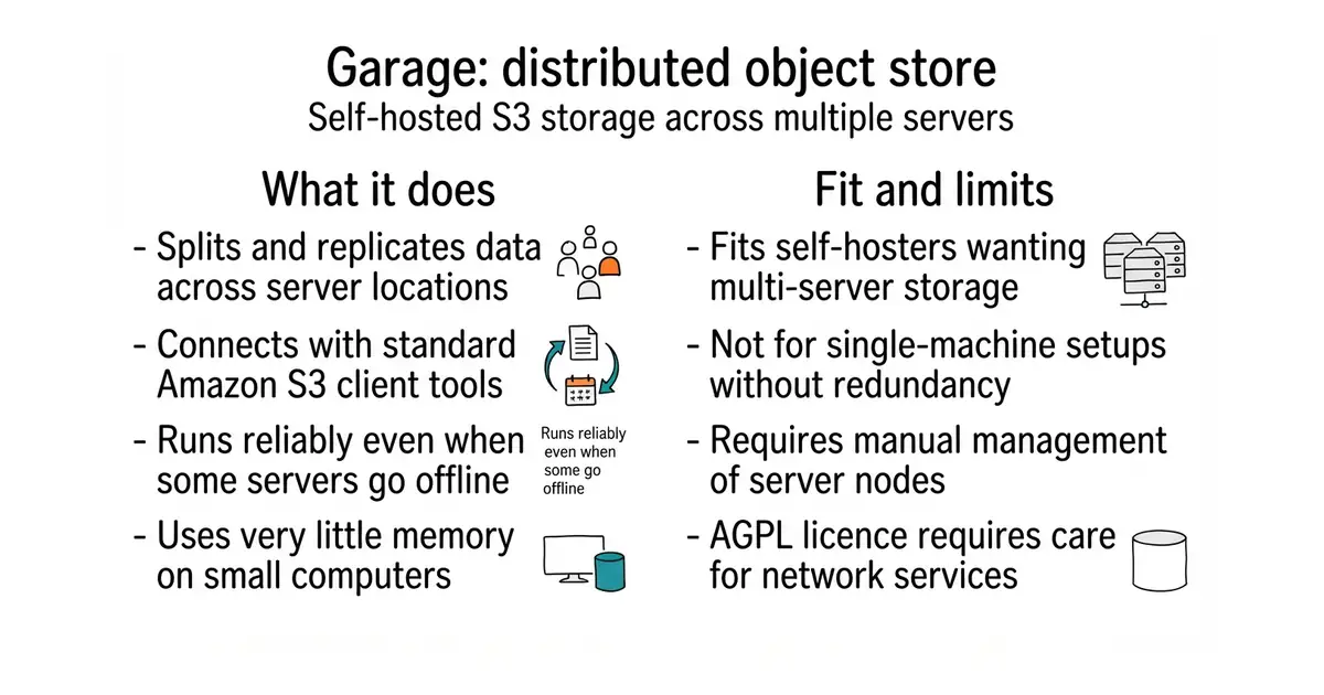 Garage: distributed object store. Self-hosted S3 storage across multiple servers.