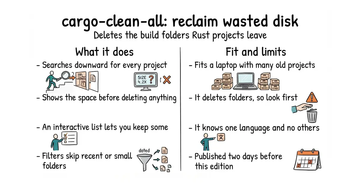 cargo-clean-all: reclaim wasted disk. Deletes the build folders Rust projects leave.