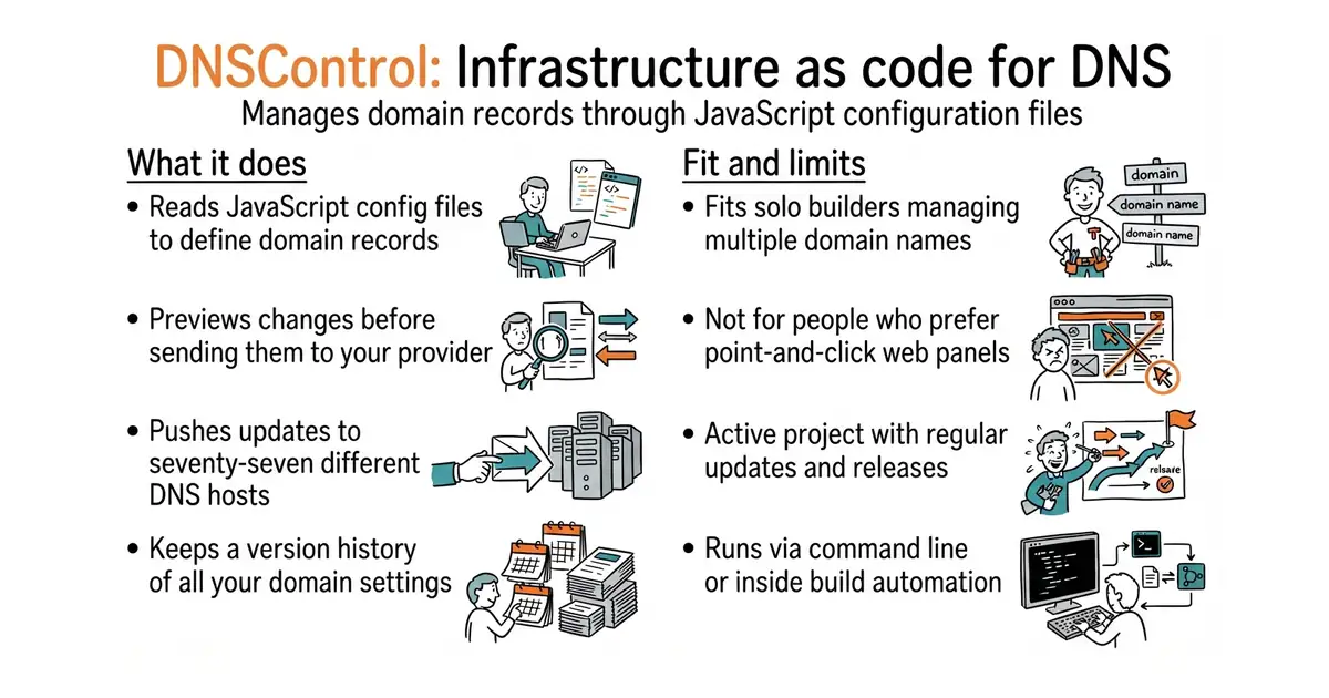 DNSControl: Infrastructure as code for DNS. Manages domain records through JavaScript configuration files.