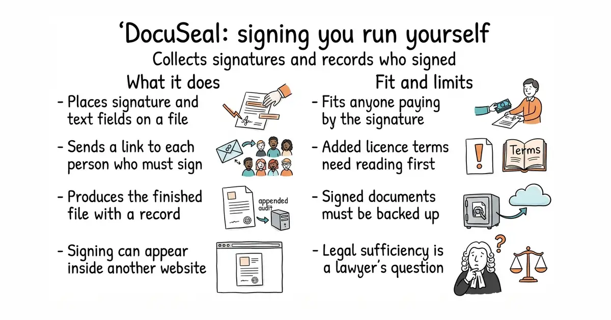 DocuSeal: signing you run yourself. Collects signatures and records who signed.