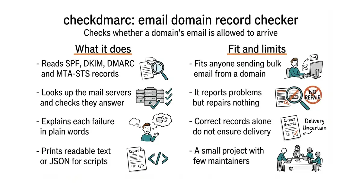 checkdmarc: email domain record checker. Checks whether a domain's email is allowed to arrive.