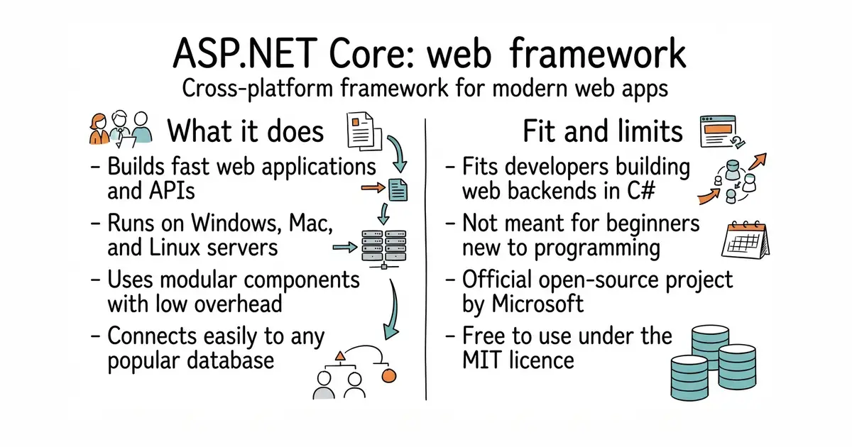 ASP.NET Core: web framework. Cross-platform framework for modern web apps.