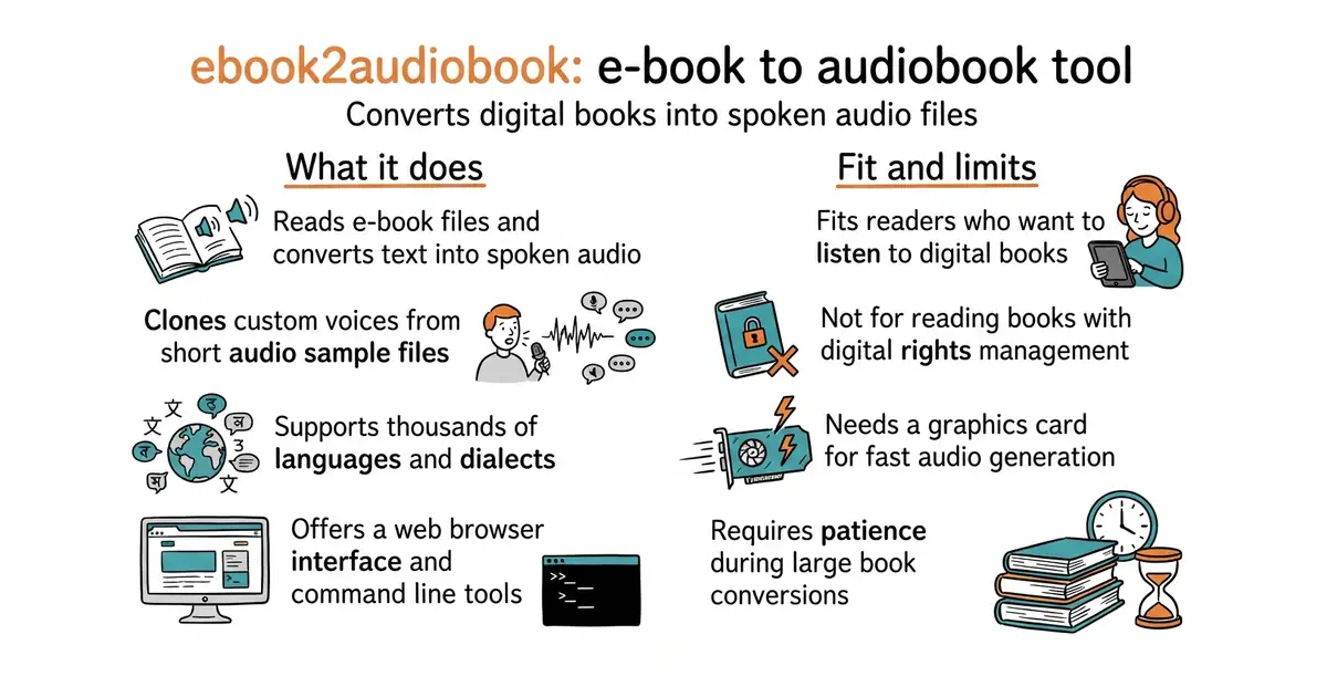 ebook2audiobook: e-book to audiobook tool. Converts digital books into spoken audio files.