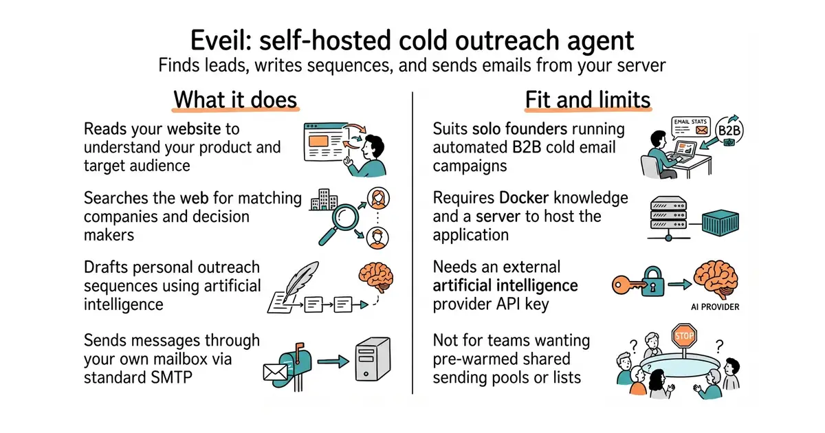 Eveil: self-hosted cold outreach agent. Finds leads, writes sequences, and sends emails from your server.