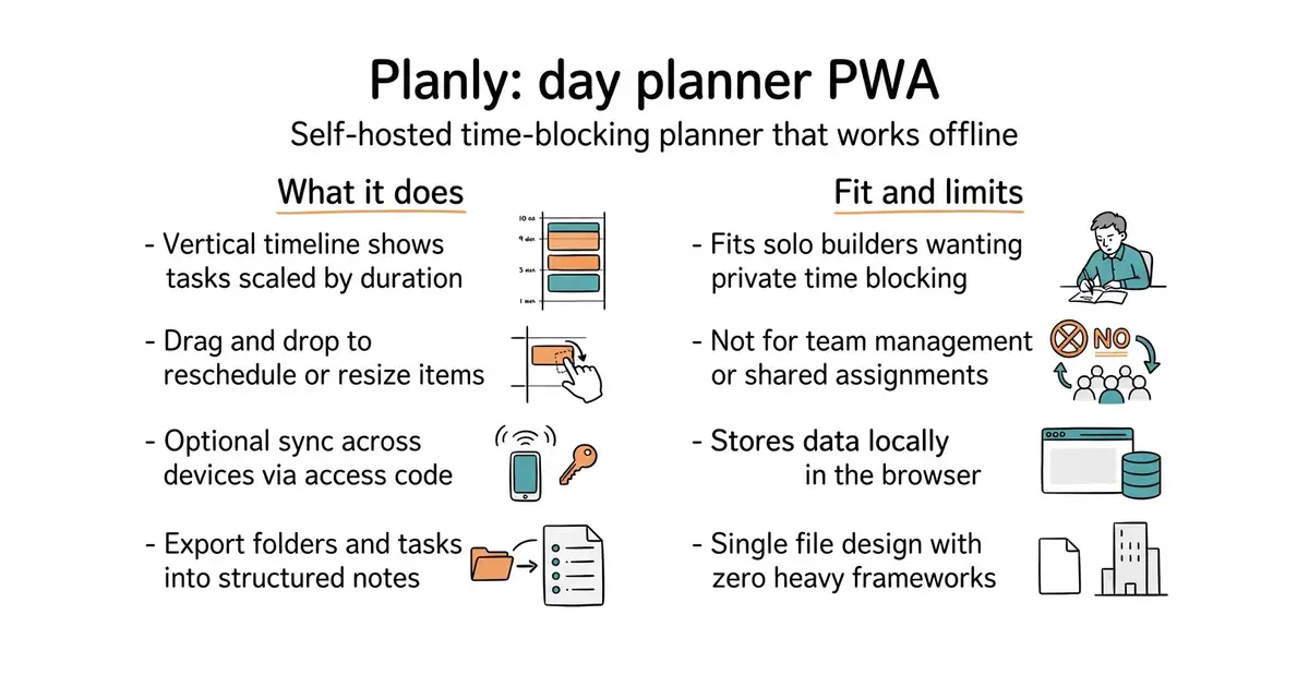 Planly: day planner PWA. Self-hosted time-blocking planner that works offline.
