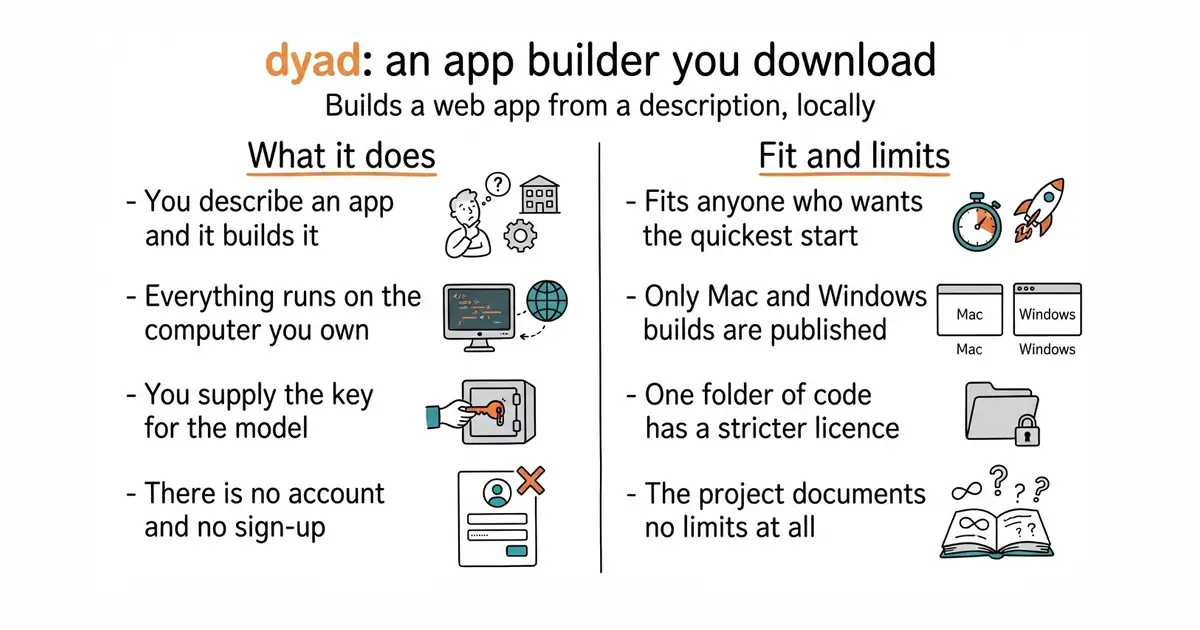 dyad: an app builder you download. Builds a web app from a description, locally.