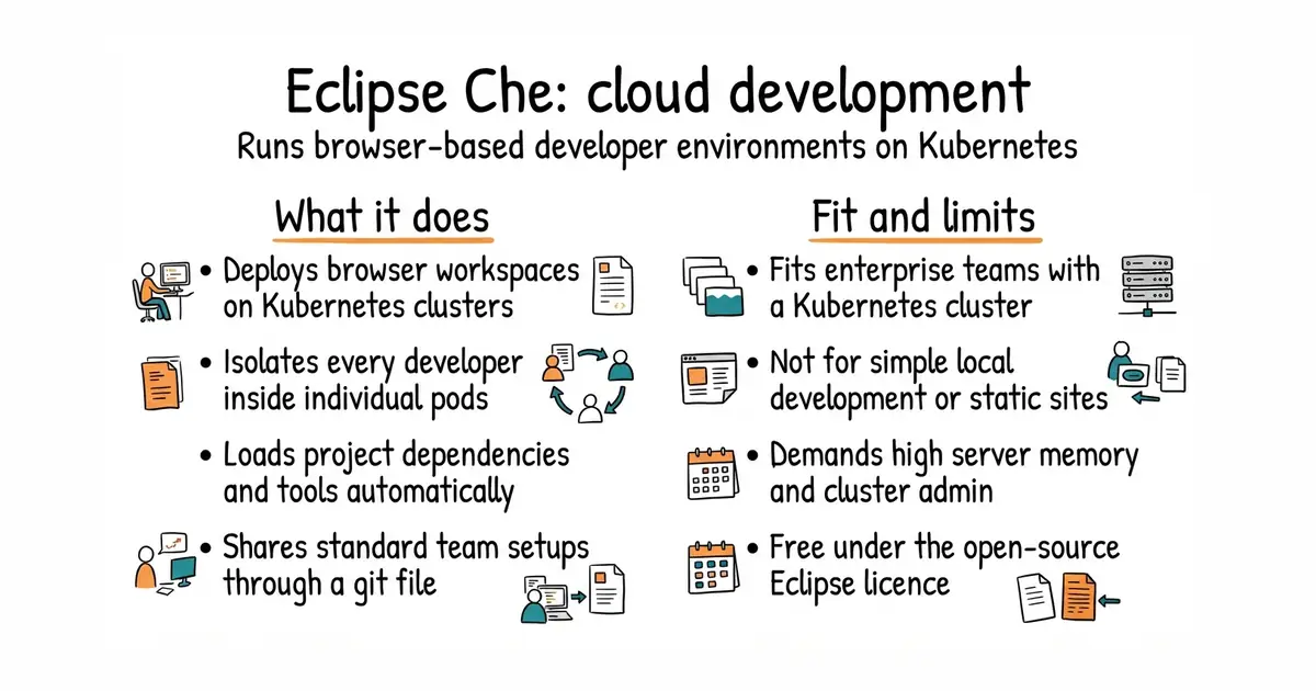 Eclipse Che: cloud development. Runs browser-based developer environments on Kubernetes.