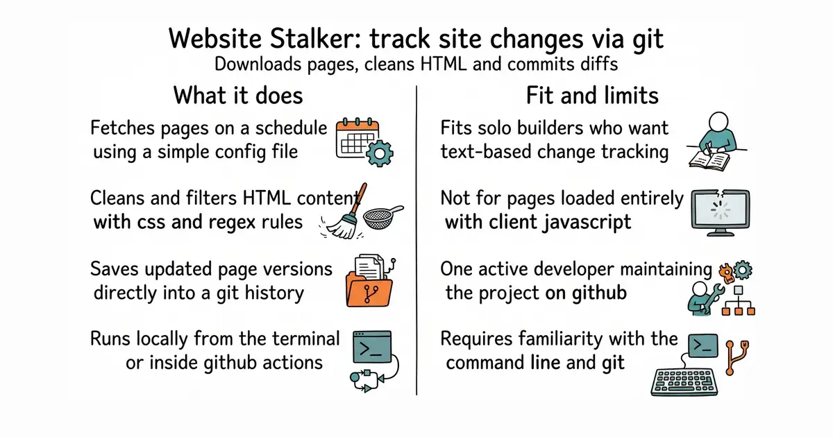 Website Stalker: track site changes via git. Downloads pages, cleans HTML and commits diffs.