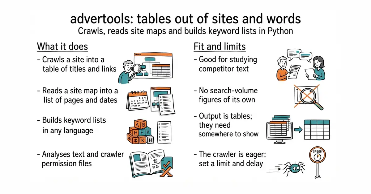advertools: tables out of sites and words. Crawls, reads site maps and builds keyword lists in Python.