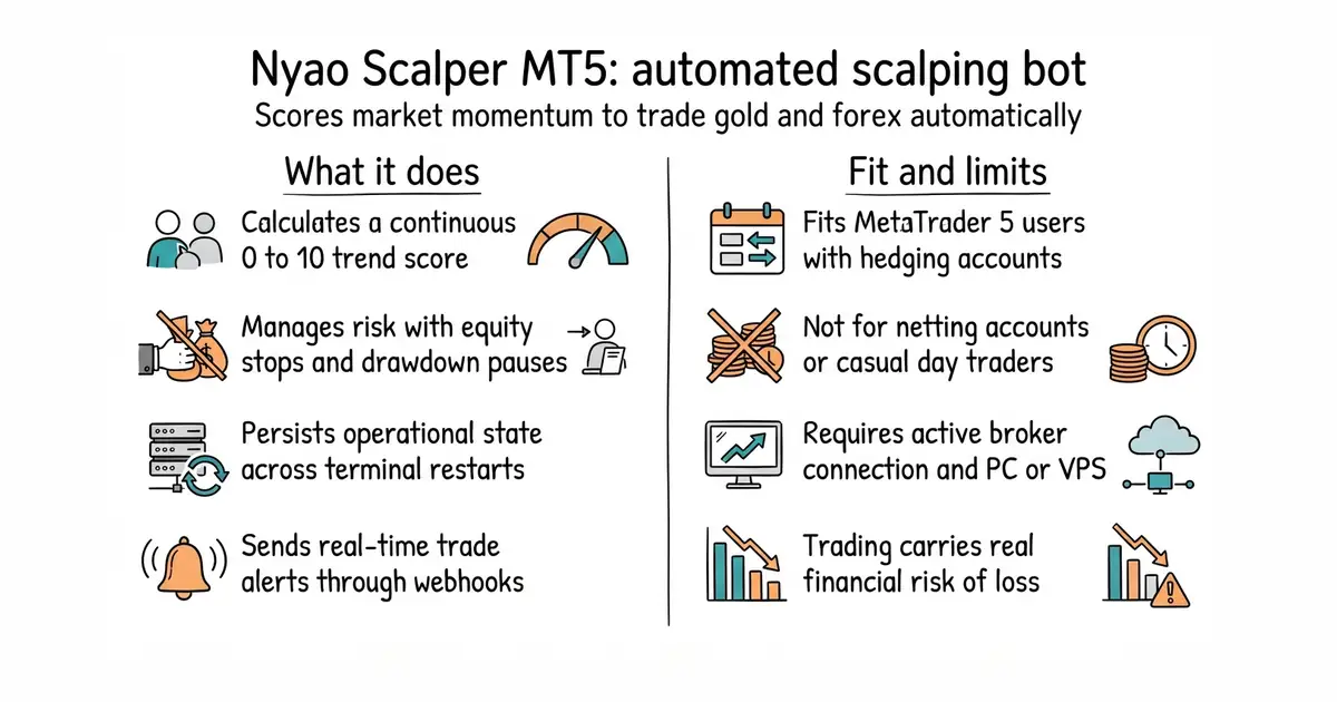 Nyao Scalper MT5: automated scalping bot. Scores market momentum to trade gold and forex automatically.