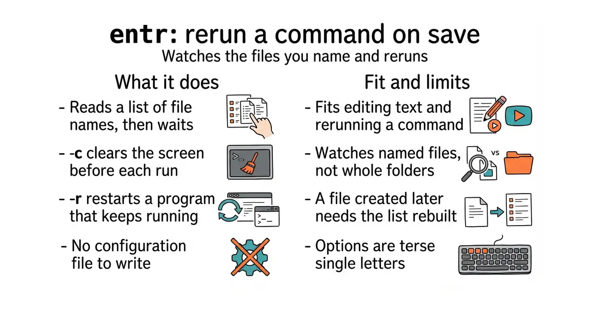 entr: rerun a command on save. Watches the files you name and reruns.