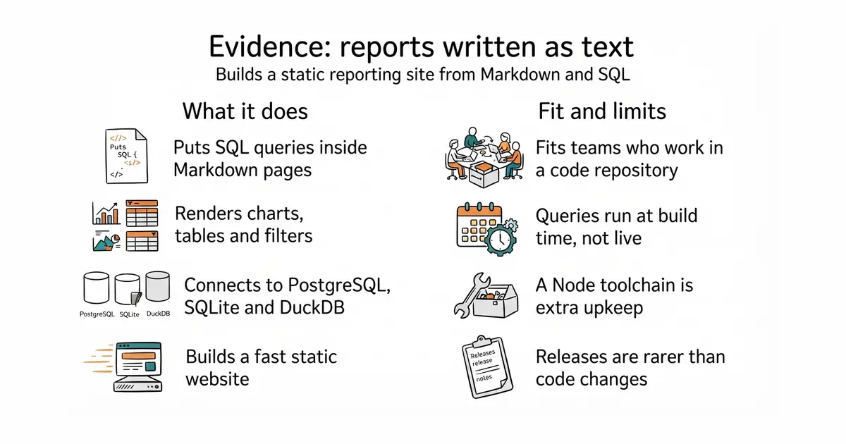 Evidence: reports written as text. Builds a static reporting site from Markdown and SQL.
