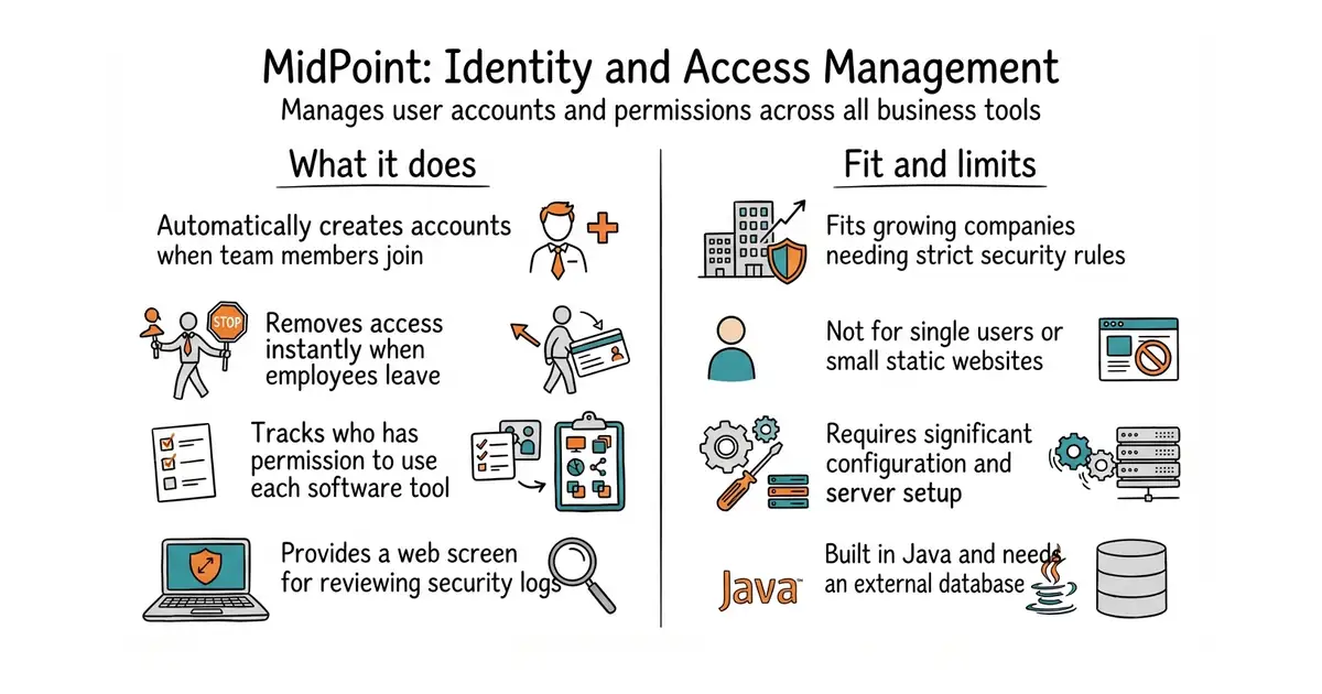 MidPoint: Identity and Access Management. Manages user accounts and permissions across all business tools.