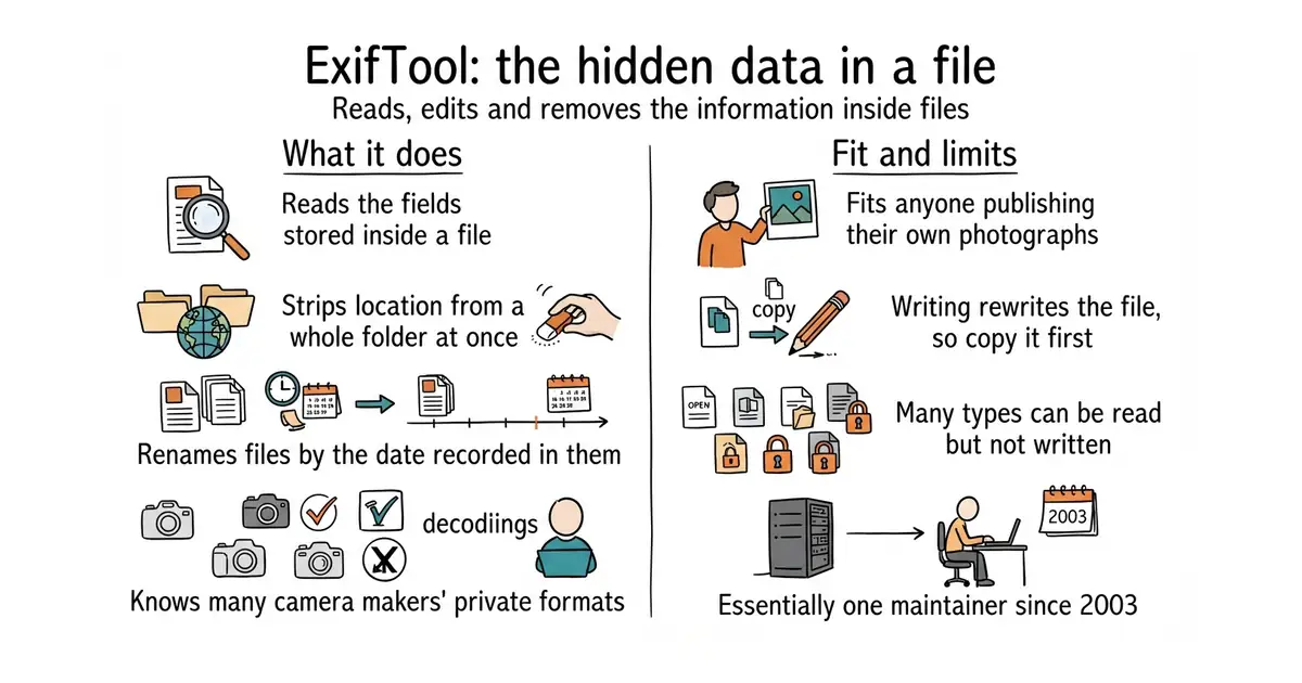 ExifTool: the hidden data in a file. Reads, edits and removes the information inside files.