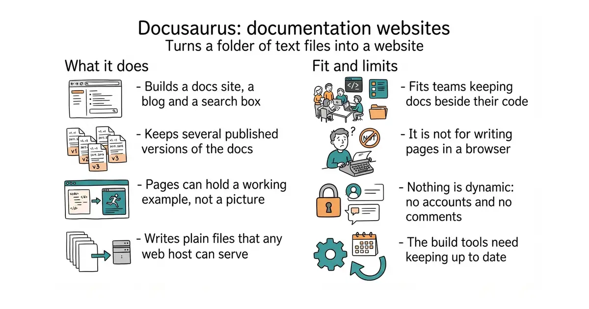 Docusaurus: documentation websites. Turns a folder of text files into a website.
