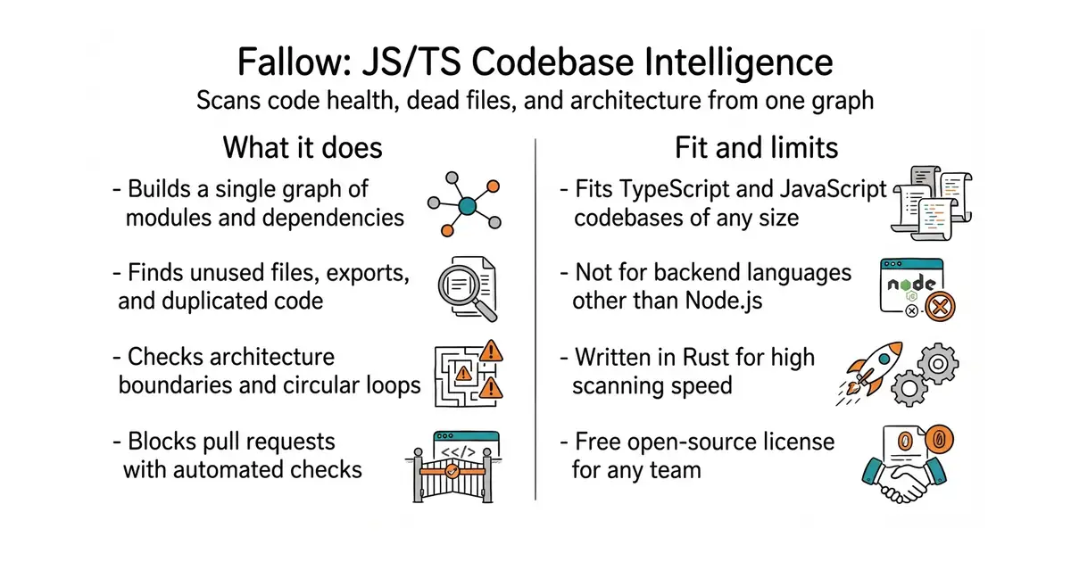 Fallow: JS/TS Codebase Intelligence. Scans code health, dead files, and architecture from one graph.