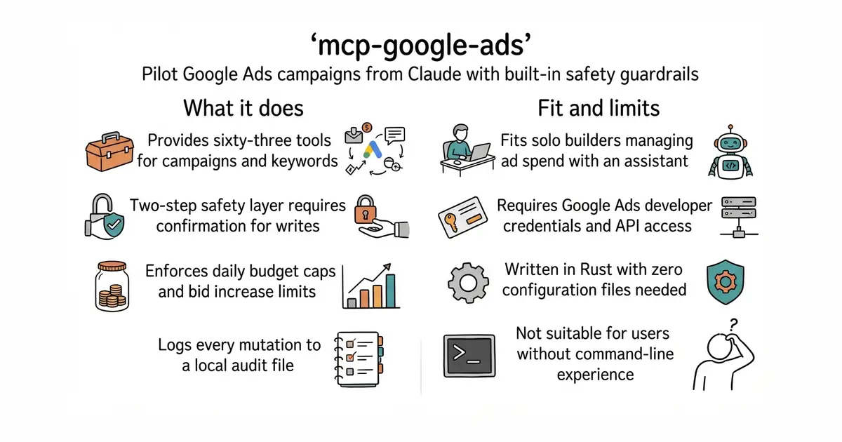 mcp-google-ads. Pilot Google Ads campaigns from Claude with built-in safety guardrails.