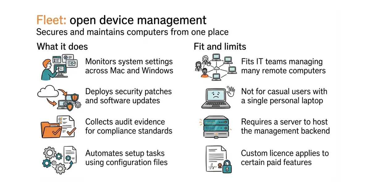 Fleet: open device management. Secures and maintains computers from one place.