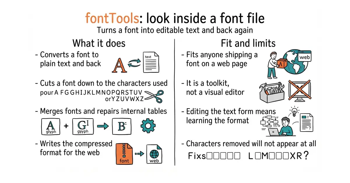 fontTools: look inside a font file. Turns a font into editable text and back again.