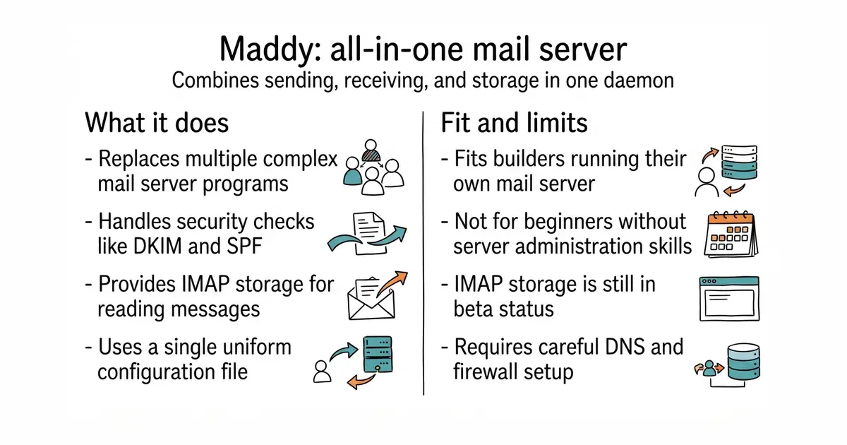 Maddy: all-in-one mail server. Combines sending, receiving, and storage in one daemon.