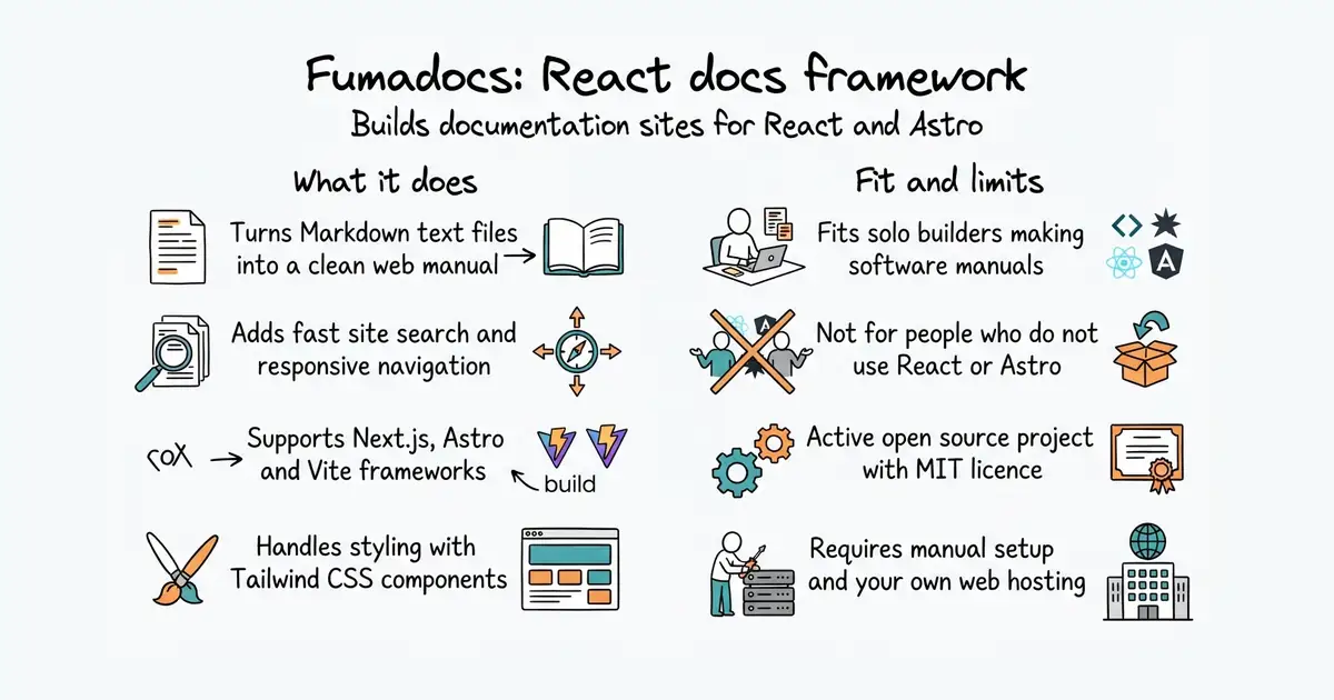 Fumadocs: React docs framework. Builds documentation sites for React and Astro.