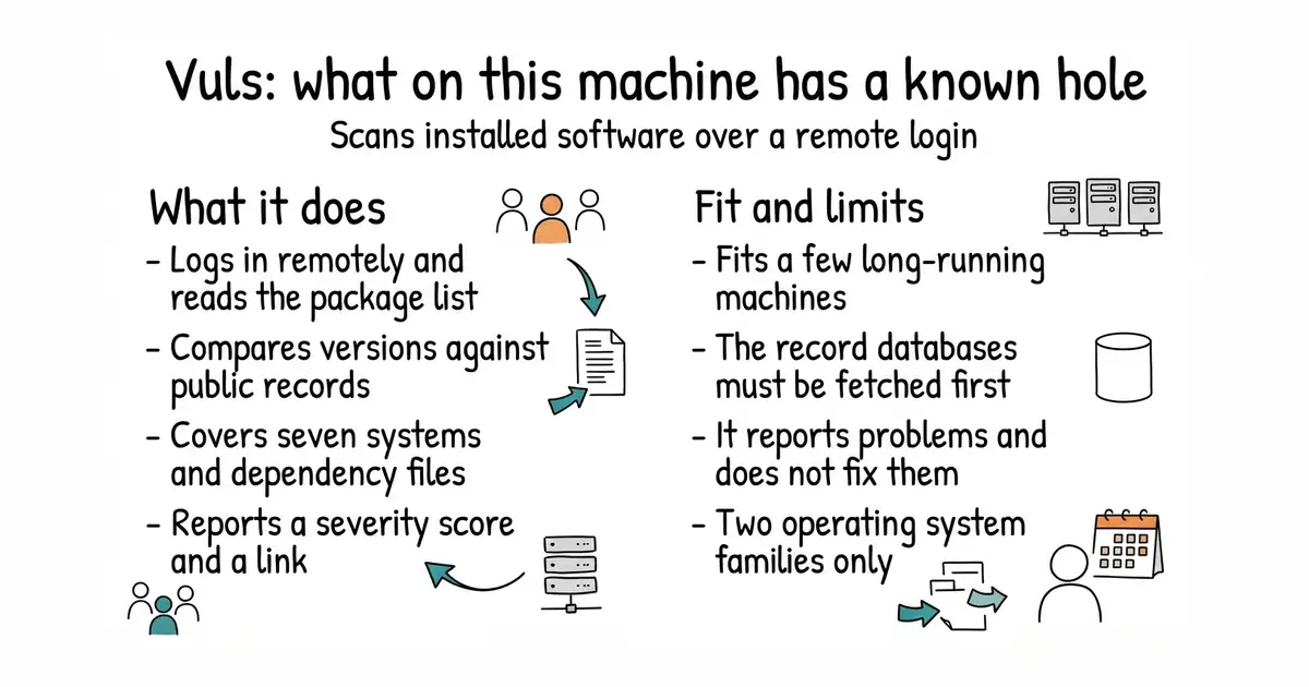 Vuls: what on this machine has a known hole. Scans installed software over a remote login.