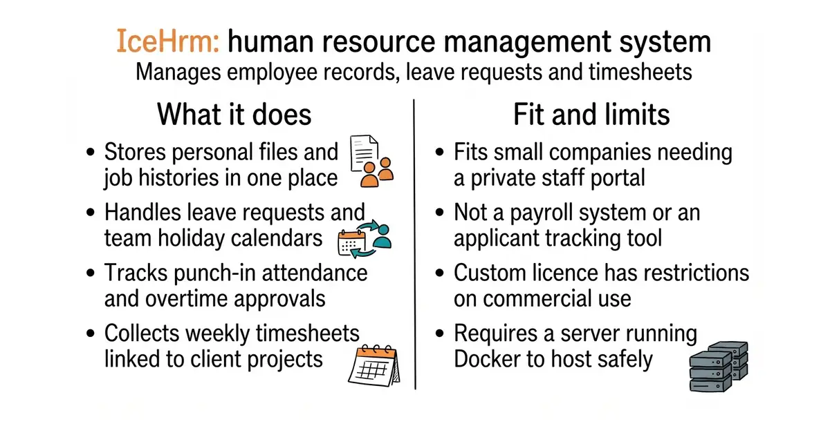 IceHrm: human resource management system. Manages employee records, leave requests and timesheets.