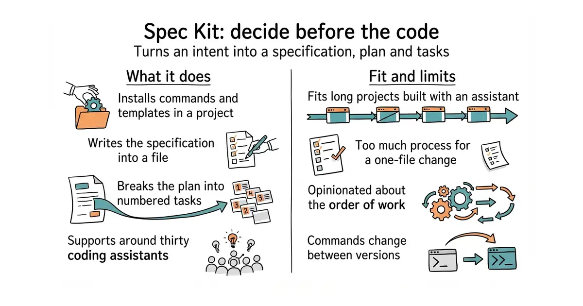 Spec Kit: decide before the code. Turns an intent into a specification, plan and tasks.
