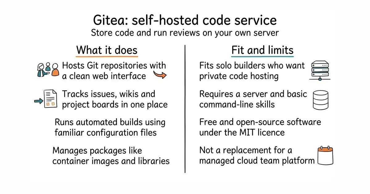 Gitea: self-hosted code service. Store code and run reviews on your own server.