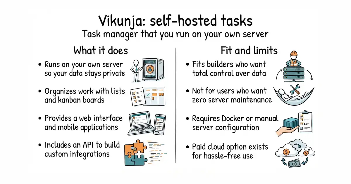 Vikunja: self-hosted tasks. Task manager that you run on your own server.