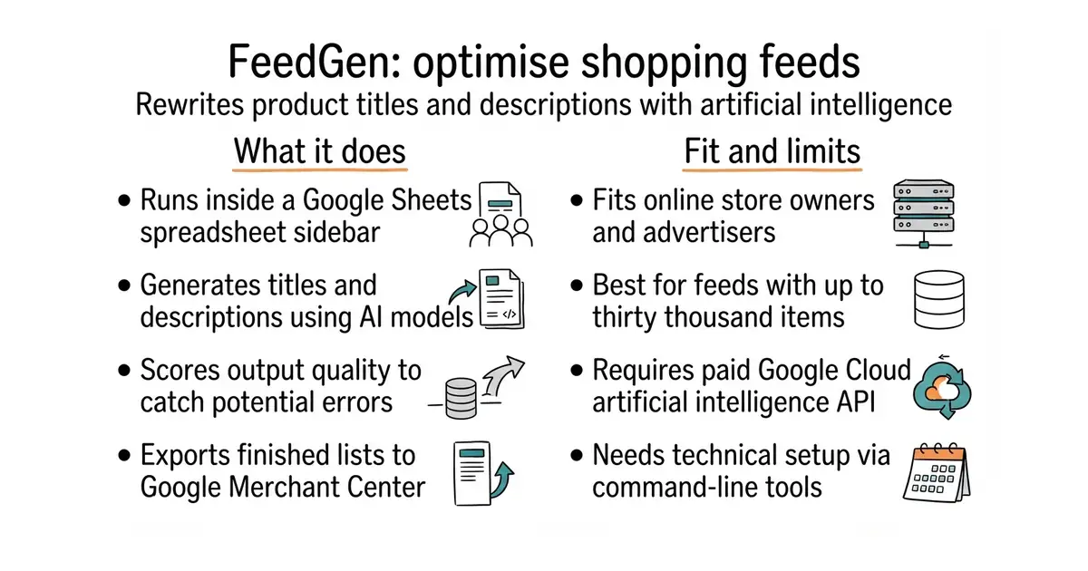 FeedGen: optimise shopping feeds. Rewrites product titles and descriptions with artificial intelligence.