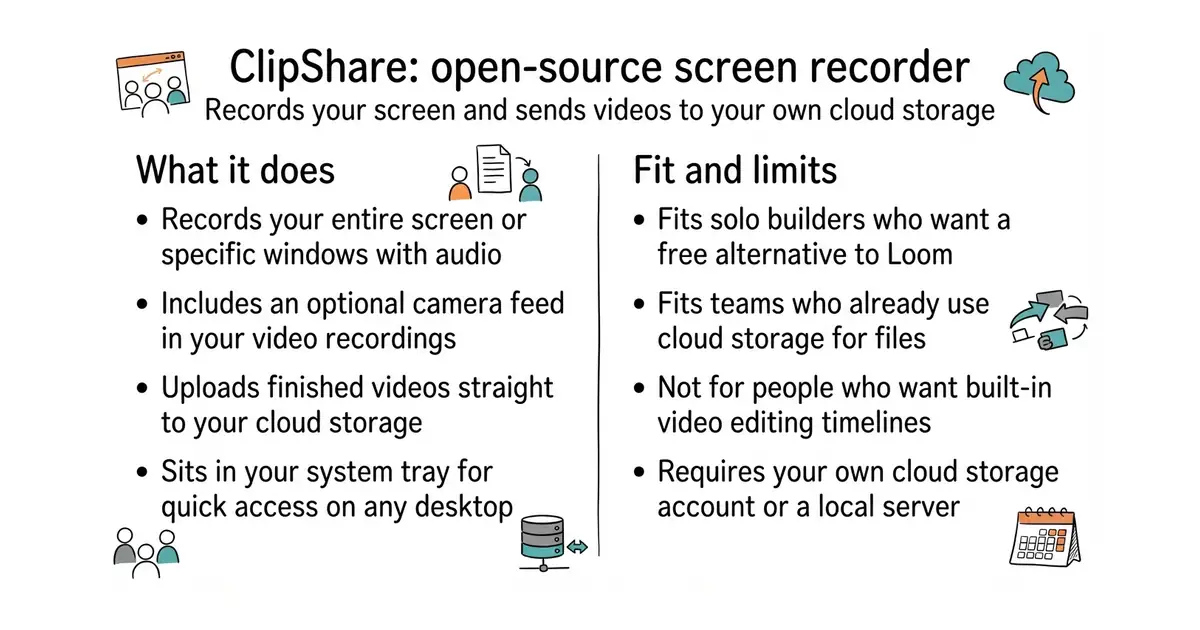 ClipShare: open-source screen recorder. Records your screen and sends videos to your own cloud storage.